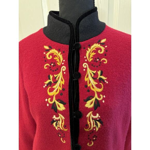 Icelandic Designs 100% Wool Cardigan Sweater Womens M Embroidery Velvet Trim - Picture 3 of 13